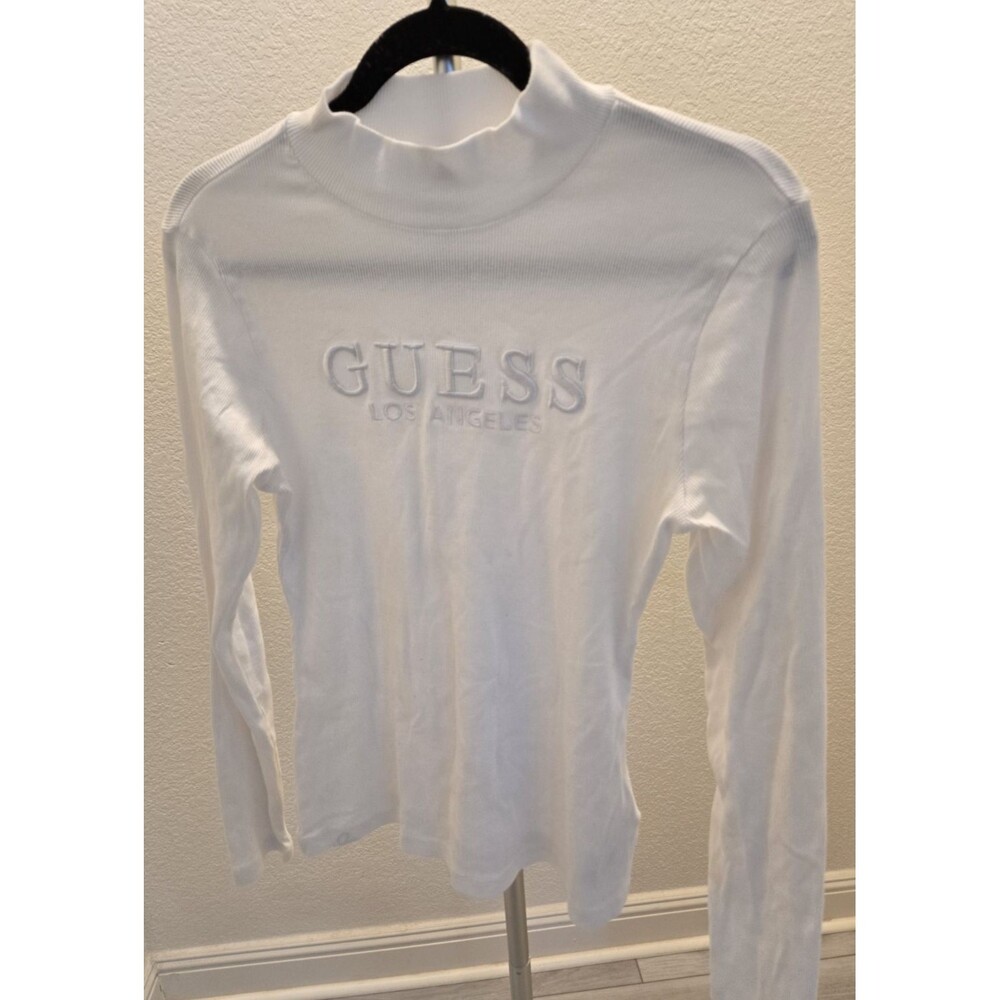 ​Guess Los Angeles Long Sleeve Embroidered Logo Y2K XL White Rib Mock Neck  NWOT